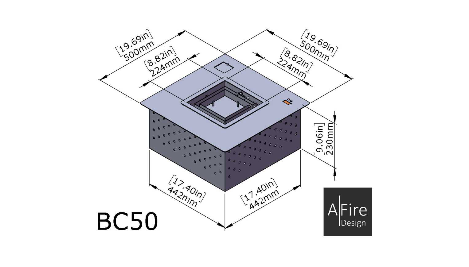 BC50 square ethanol burner dimensions