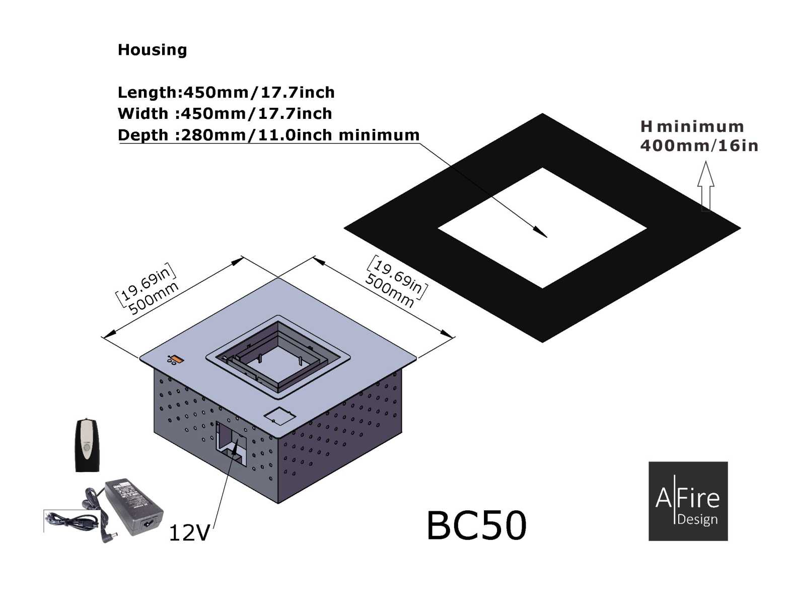 BC50 square ethanol burner housing