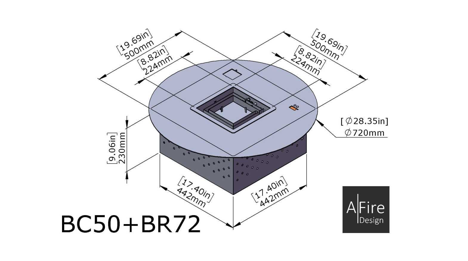 BR72 round ethanol burner dimensions