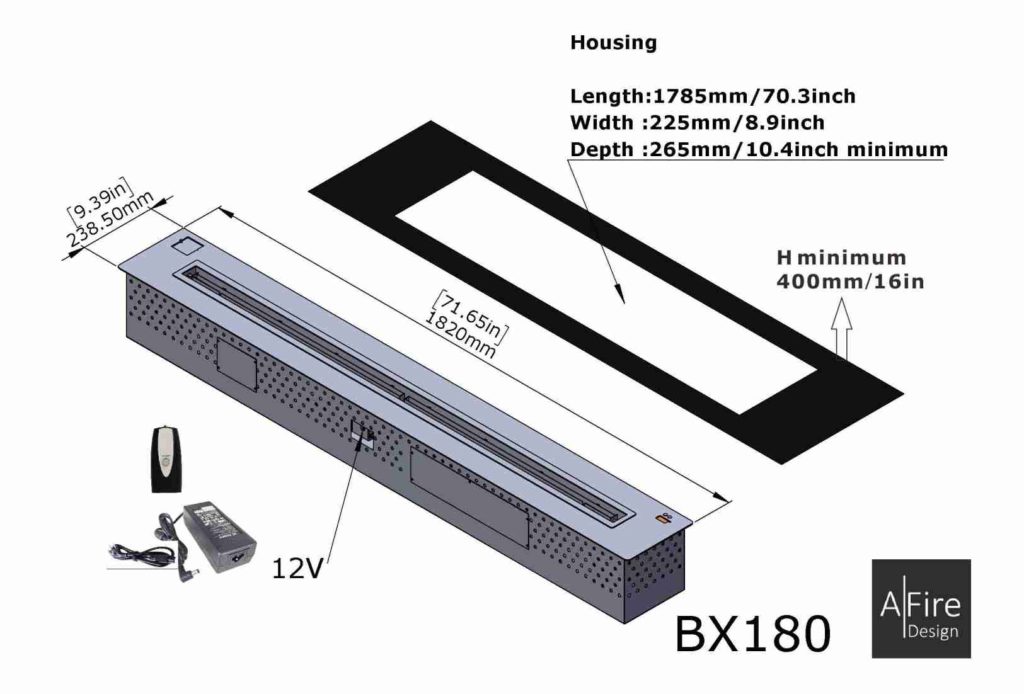 BX180 Smart ethanol burner insert housing dimensions