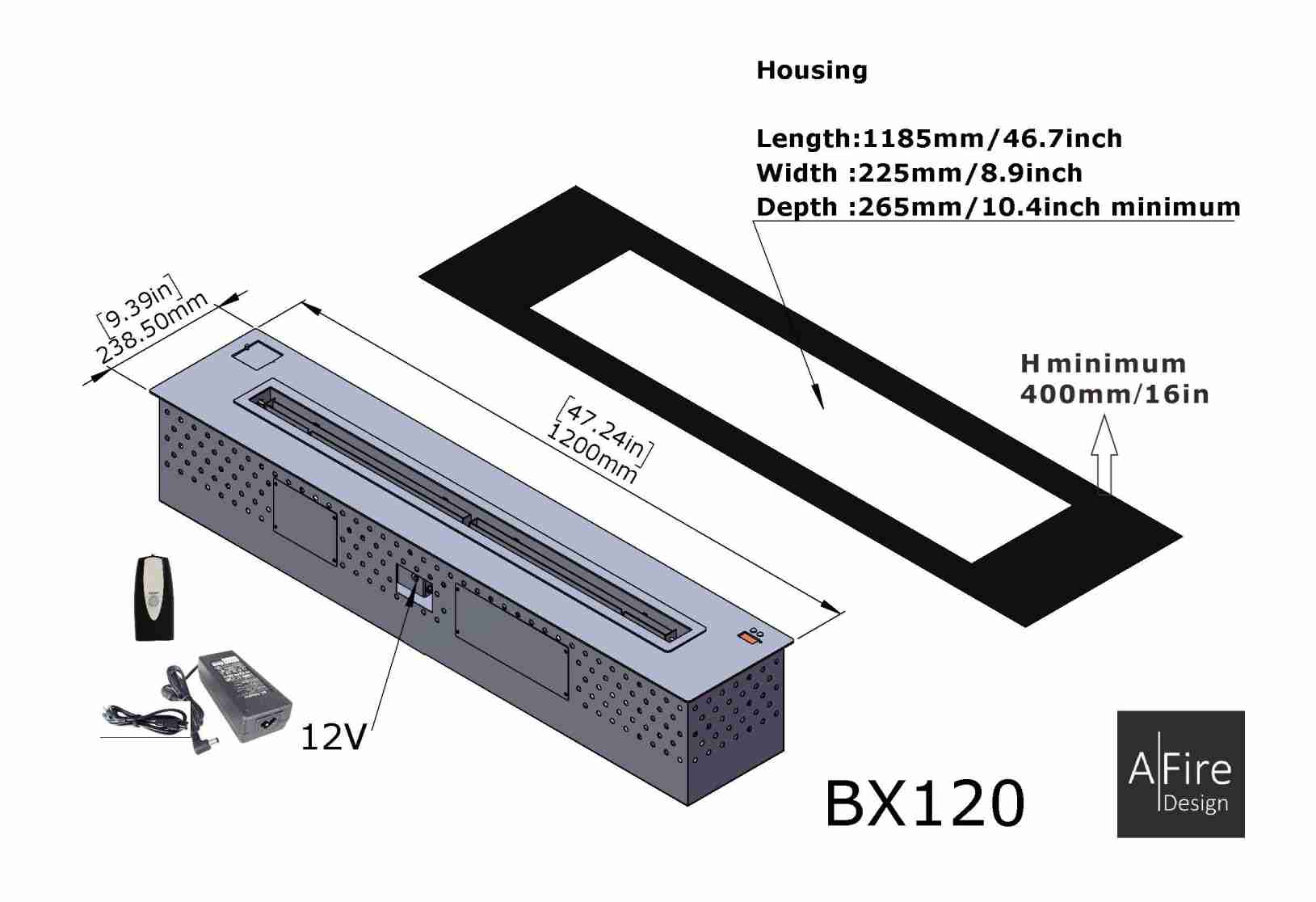 Bio ethanol burner BX120 housing AFIRE