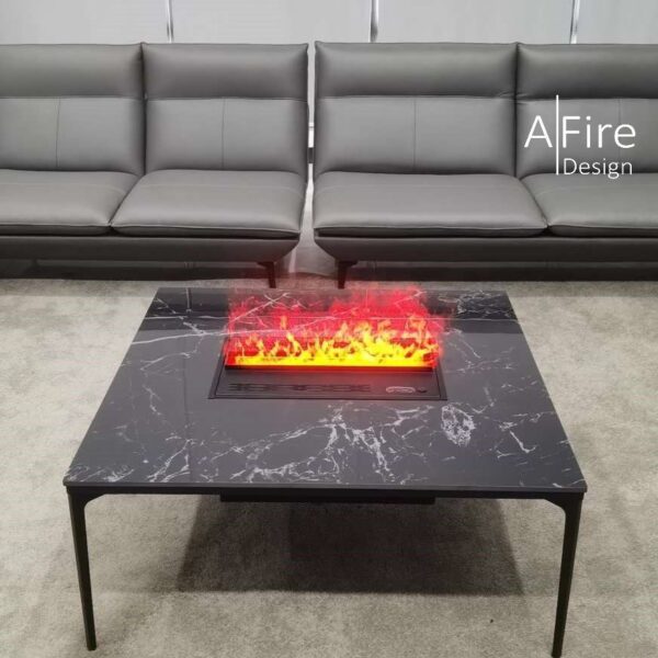 Tavolino da salotto in pietra sinterizatta con camino a vapore acqueo