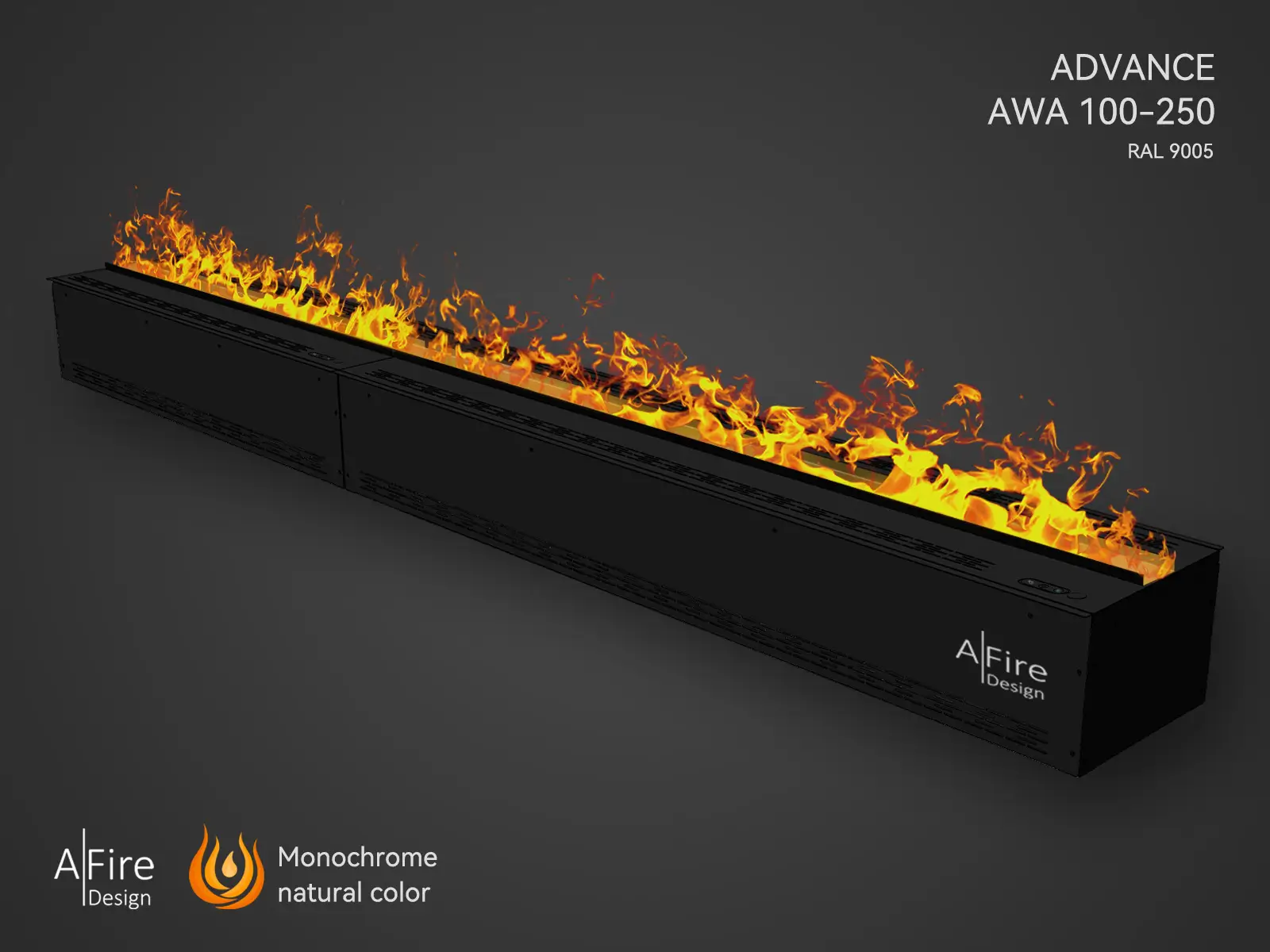 Dampfkamin ADVANCE 250 cm mit natürlichen Flammen