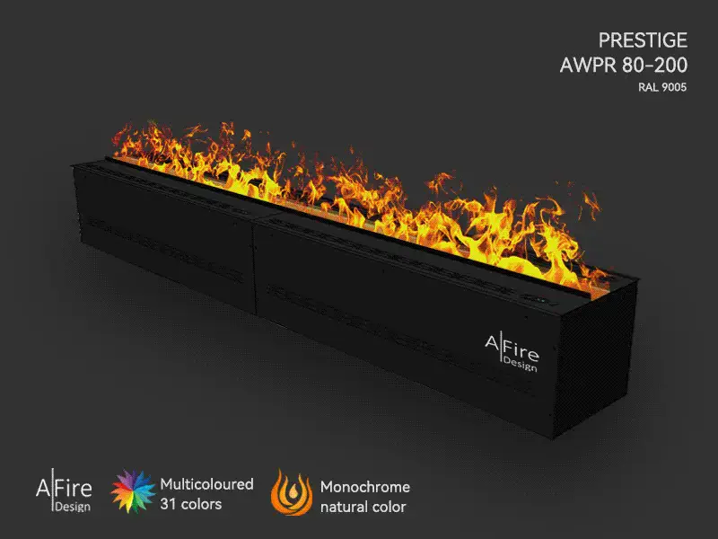 Camino elettrico ad acqua PRESTIGE 200 cm con fiamme naturali e multicolori