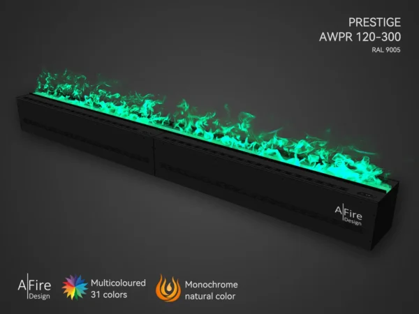 Camino elettrico ad acqua PRESTIGE 300 cm con fiamme turquoise