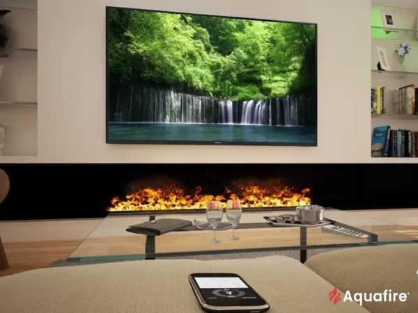 Camino elettrico ad acqua ecologico in un soggiorno di design – fiamme fredde senza emissioni