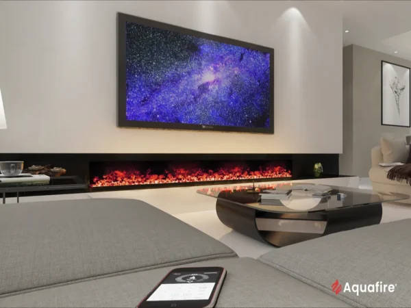 Cold flame water vapor fireplace embedded in a stylish modern decor – Aquafire by AFIRE