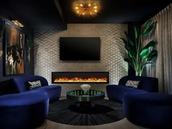 Electric water vapor fireplace in a cozy living room