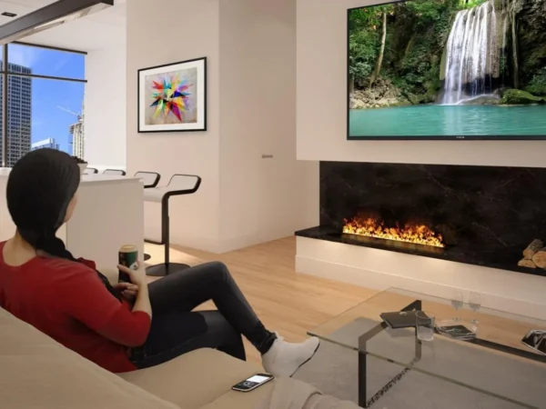 Camino elettrico ad acqua della gamma ADVANCE installato in un soggiorno contemporaneo – fiamme naturali e design moderno