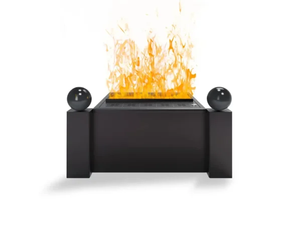 Wasserdampf-Kamin GATSBY mit schwarzen Dekokugeln – modernes Designobjekt mit kalten Flammen
