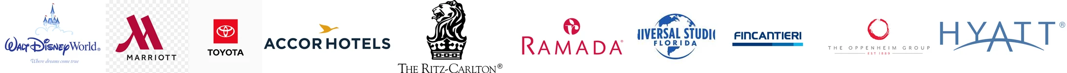Logos de Walt Disney, Toyota, Marriott, Hyatt, Ritz-Carlton, Ramada, Accor, Universal Studios, Fincantieri et Oppenheim Group – clients prestigieux d'Aquafire par AFIRE