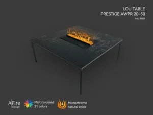 Table cheminée à vapeur d’eau LOU avec insert PRESTIGE flammes naturelles et multicolores