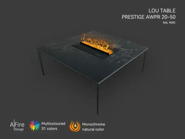 Tavolo camino a vapore LOU con inserto PRESTIGE fiamme naturali e multicolori