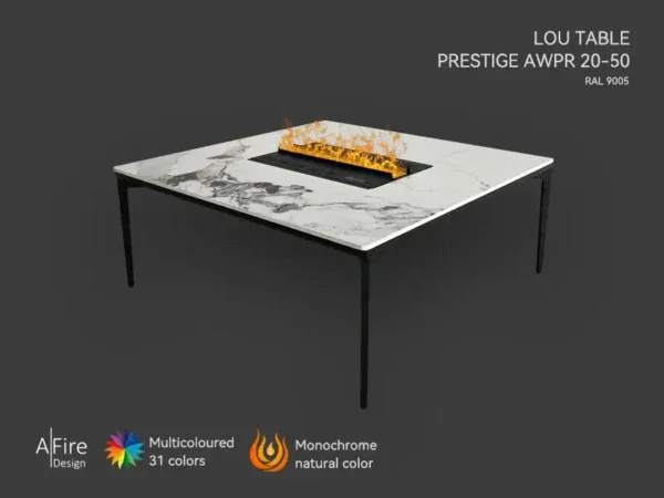 Tavolo camino elettrico ad acqua LOU inserto PRESTIGE fiamme naturali e multicolori