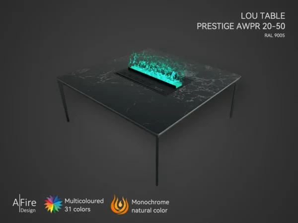 Wasserdampf-Couchtisch-Kamin LOU mit PRESTIGE Kamineinsatz mit turkis Flammen