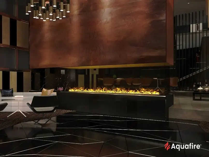 XXL water vapor fireplace installed in a luxury hotel lobby