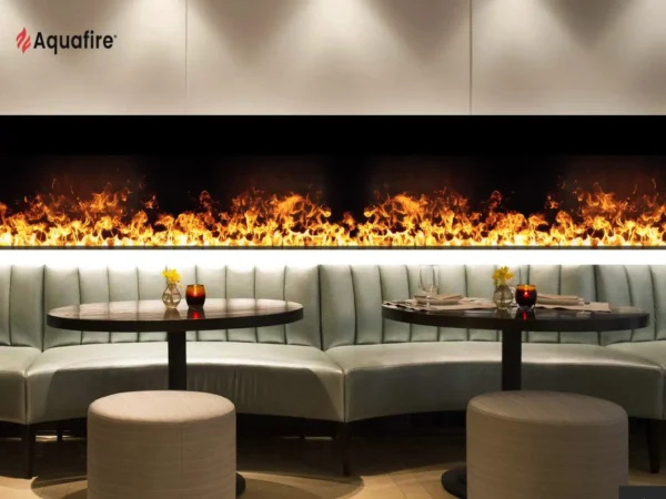 XXL water vapor fireplace installed in a restaurant or hotel interior