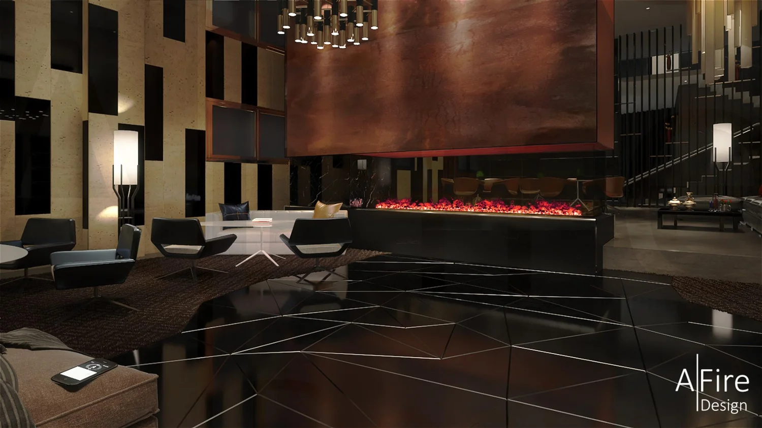 AQUAFIRE waterdamp haard van 300 cm PRESTIGE – installatie in luxe hotellobby met rode designvlammen AQUAFIRE waterdamp haard van 300 cm PRESTIGE – installatie in luxe hotellobby met rode designvlammen