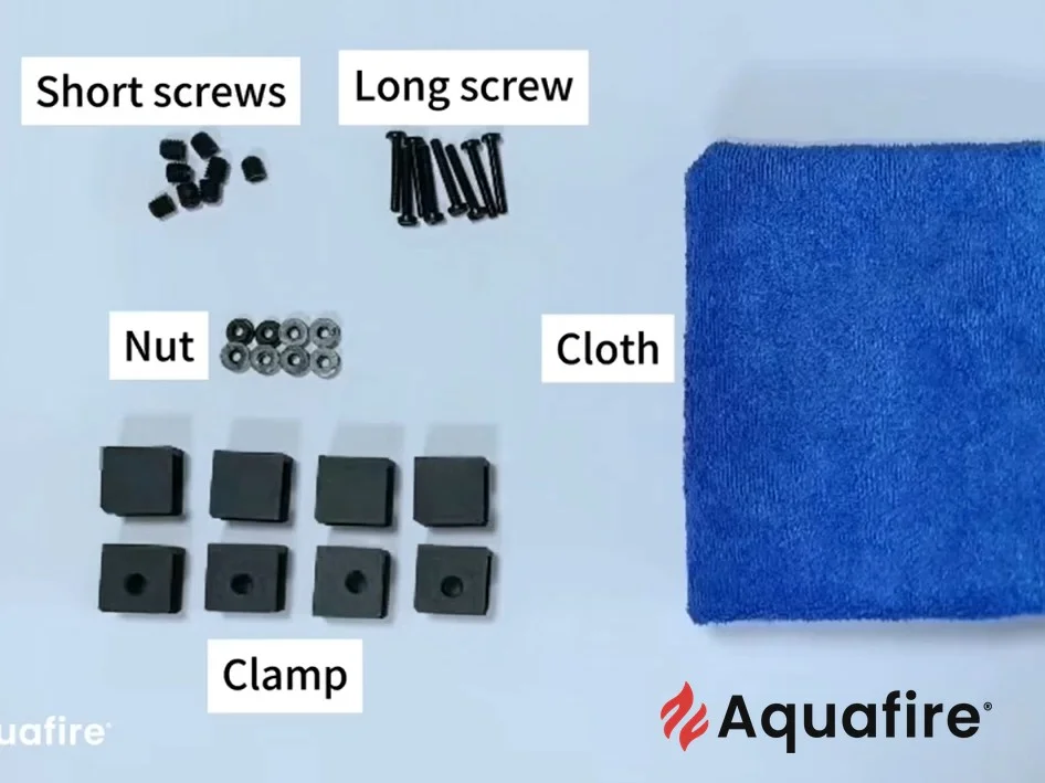 Accesorios de montaje CrystalShield – tornillos, tuercas, pinzas y paño para la instalación de vidrios acrílicos Aquafire