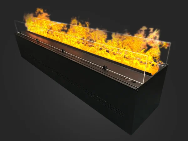 CrystalShield Kristallacryl Glas zweiseitig installiert auf 150 cm Wasserdampf Kamin