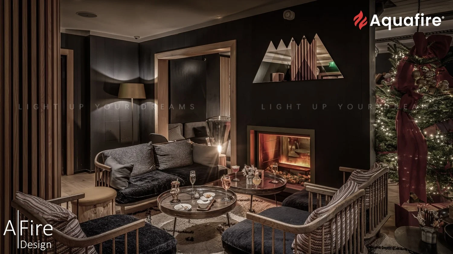 Aquafire water vapor fireplace design in a cozy modern living room — realistic water flames by AFIRE