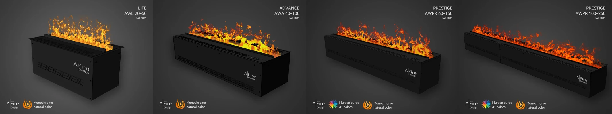 Gamme di camini elettrici ad acqua AFIRE: LITE, ADVANCE, PRESTIGE