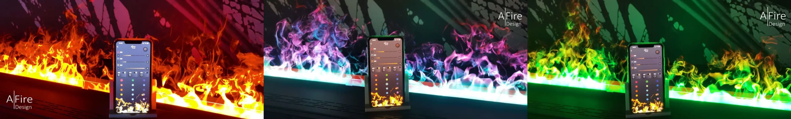 Intelligent flames of a water vapor fireplace with AI controlled via smartphone – adjustable color, height and intensity