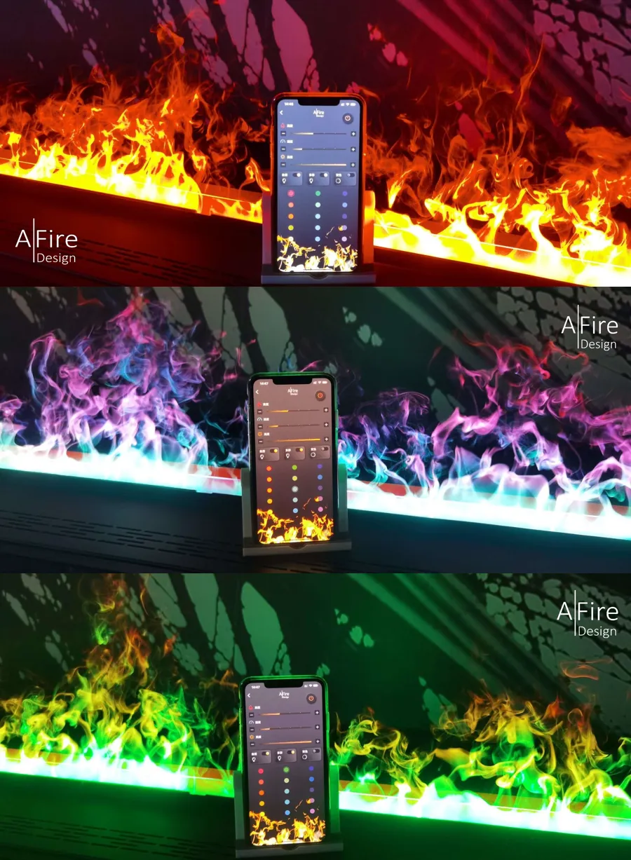 Intelligent flames of a water vapor fireplace with AI controlled via smartphone – adjustable color, height and intensity, vertical mobile layout