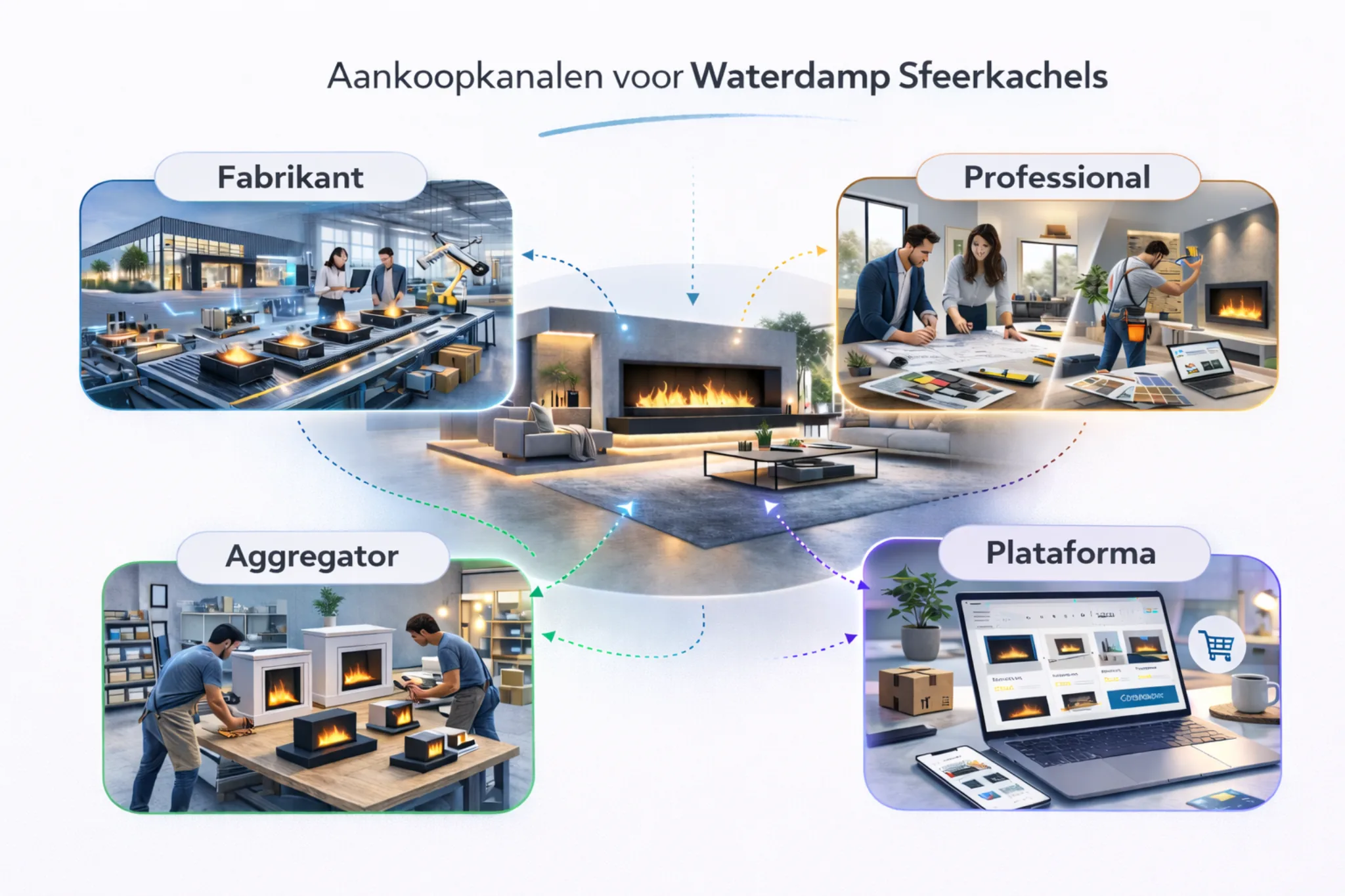 Schema van de aankoopkanalen voor een waterdamp haard: fabrikant, professionele installateur, aggregator en online platform