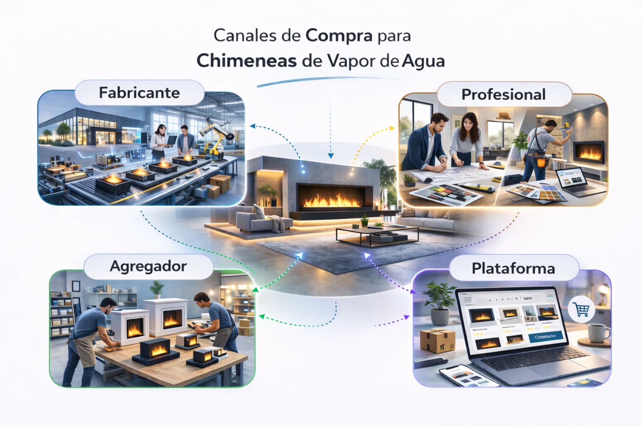Esquema de los distintos canales de compra de una chimenea de vapor de agua: fabricante, instalador profesional, agregador y plataforma online