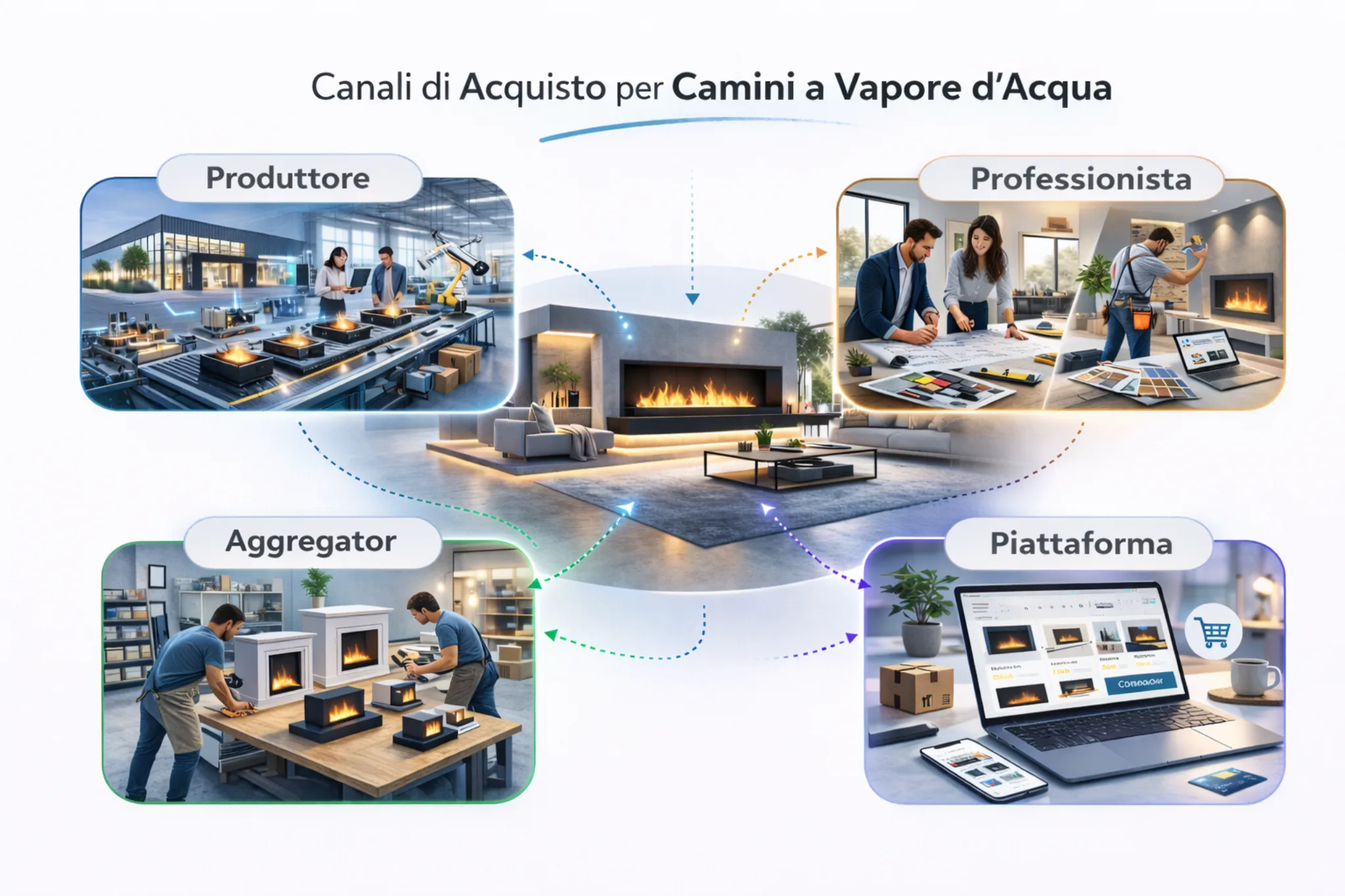 Schema dei diversi canali di acquisto per un camino elettrico ad acqua: produttore, installatore professionale, aggregatore e piattaforma online