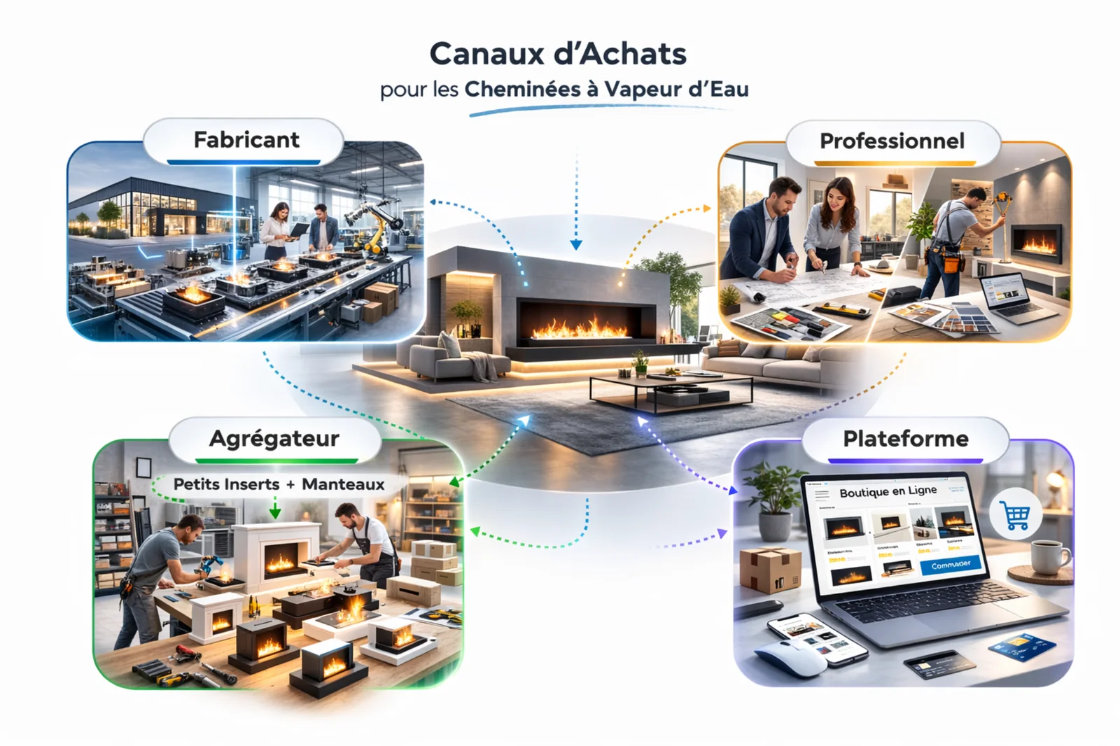 Schéma des différents canaux d’achat pour une cheminée à vapeur d’eau : fabricant, professionnel installateur, agrégateur et plateforme en ligne. 