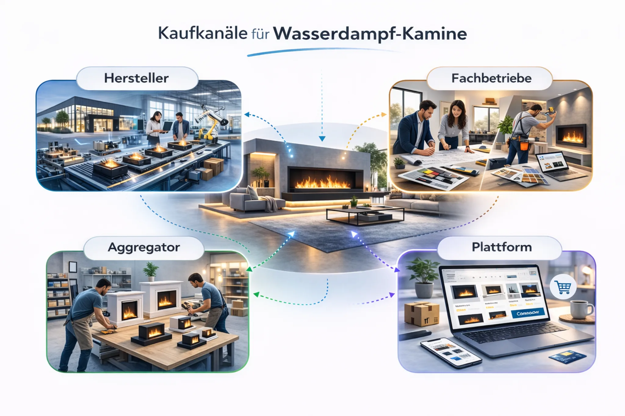 Schema der verschiedenen Kaufkanäle für einen Wasserdampf-Kamin: Hersteller, Fachinstallateur, Aggregator und Online-Plattform