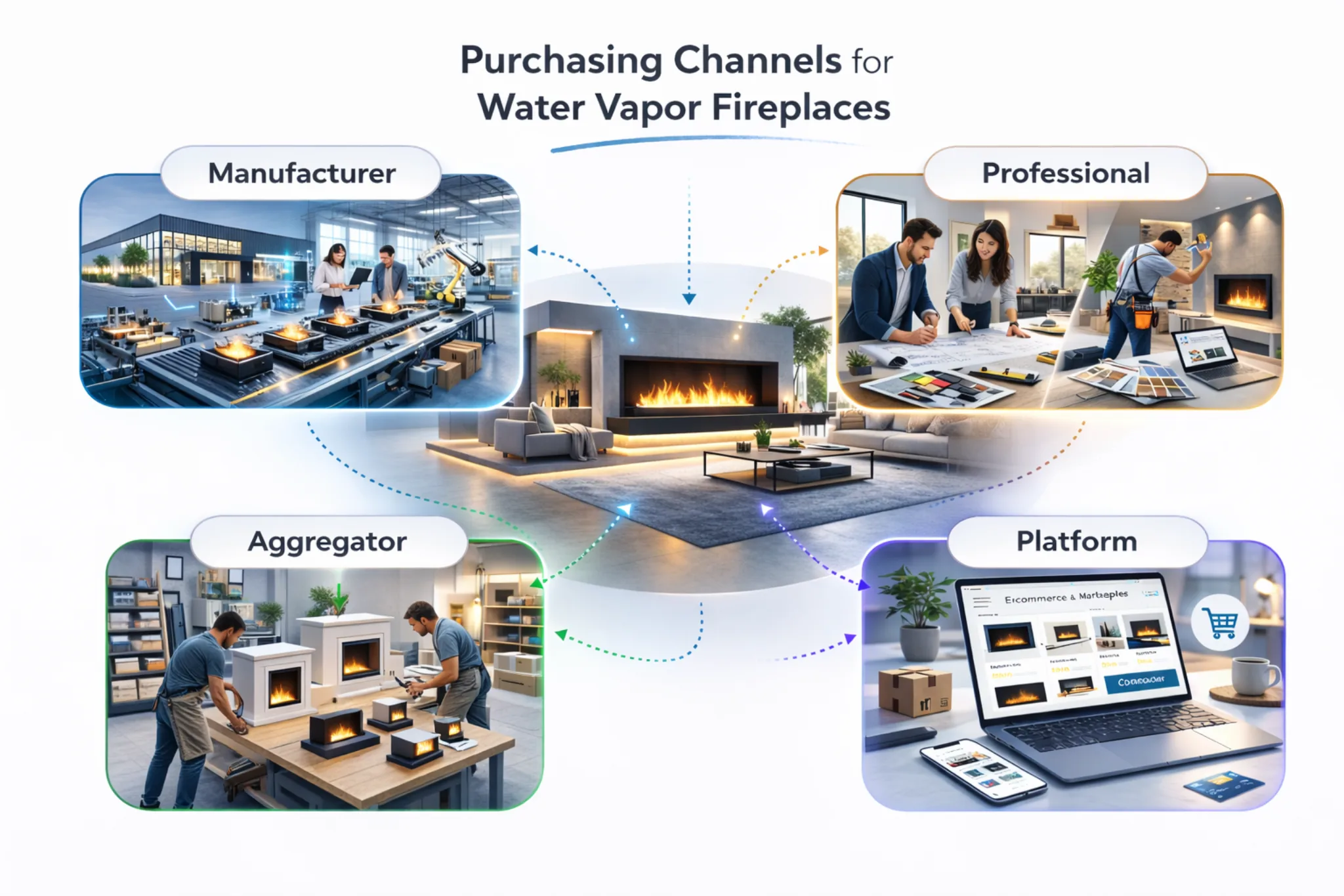 Diagram of the different purchasing channels for a water vapor fireplace: manufacturer, professional installer, aggregator and online platform 