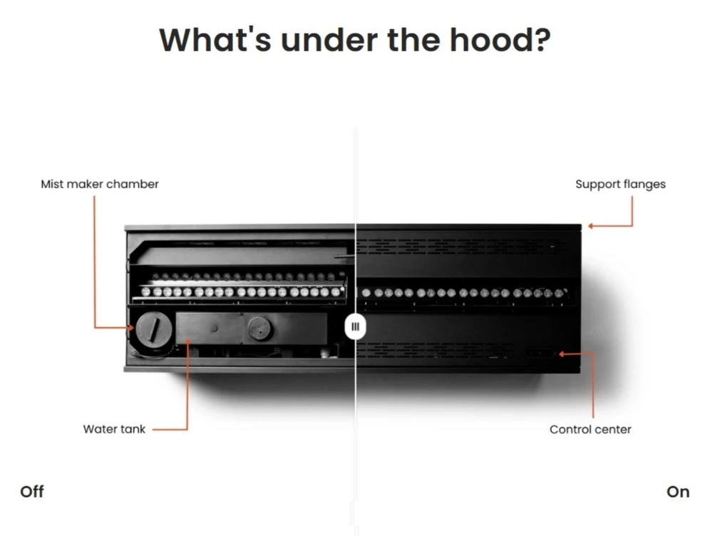 Technische Ansicht eines Aquafire Wasserdampf Kamins, entwickelt von AFIRE