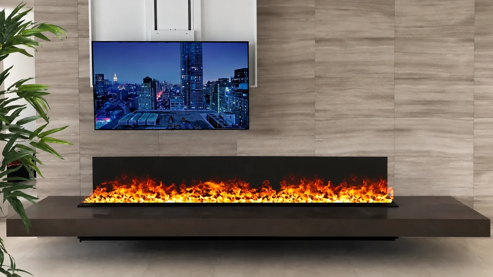 Caminetto ad acqua Aquafire integrato sotto la TV in una console Caminetto ad acqua Aquafire integrato sotto la TV in una console