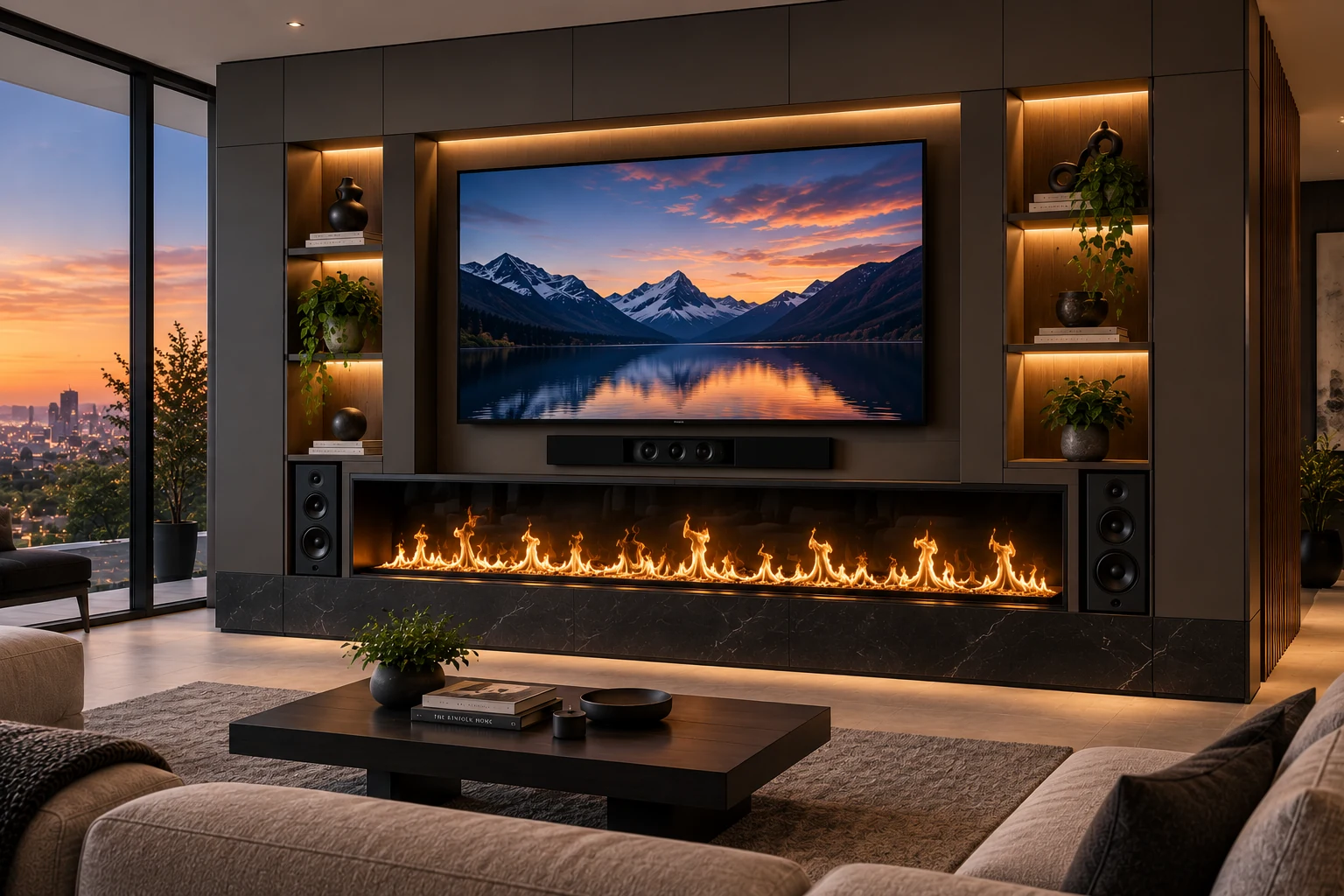 Parete multimediale con TV e camino elettrico ad acqua Aquafire Parete multimediale con TV e camino elettrico ad acqua Aquafire